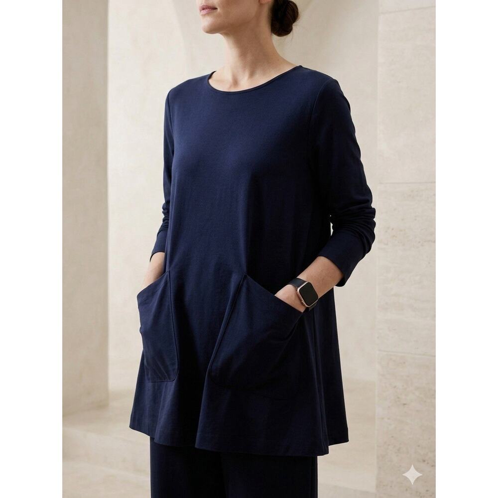 COS Top Women M Blue Long Sleeve Shirt Pockets Tunic Preppy Lagenlook Minimalist